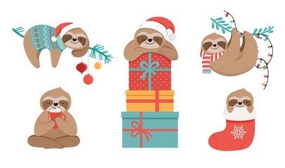 Cute sloths, funny Christmas illustrations with Santa Claus costumes, hat and scarfs, greeting cards set, banner © Marina Zlochin