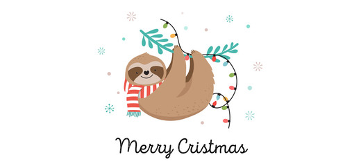 Cute sloths, funny Christmas illustrations with Santa Claus costumes, hat and scarfs, greeting cards set, banner © Marina Zlochin