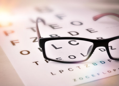Glasses of sight on alphabet letter elevated view