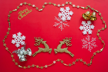 Merry Christmas, Red Background with elements and snowflakes