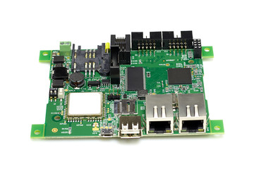 Electronic printed circuit board with chips and other components, green color, front view, isolated...