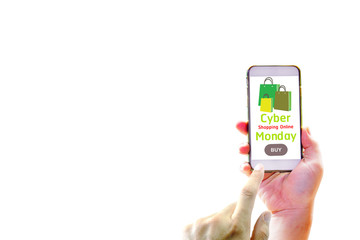 Hand holding smart phone for shopping online on cyber monday of concept on isolated white background and copy space - Cyber Monday Shopping of concept