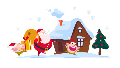 Vector flat Merry Christmas illustration of Santa Claus with gift bag, cute pig elf carry gift box, ginger house, decorated New year fir tree isolated on white background. Web banner, advertisement.