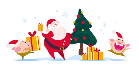 Vector flat Merry Christmas illustration with Santa Claus, cute pig elf, gift box at decorated New year fir tree isolated on white background. Xmas holiday congratulation. Web banner, card, packaging.