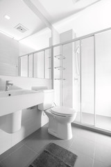 Naklejka na ściany i meble Bathroom and sanitary ware. The refurbished building looks like a spacious reflect mirror.