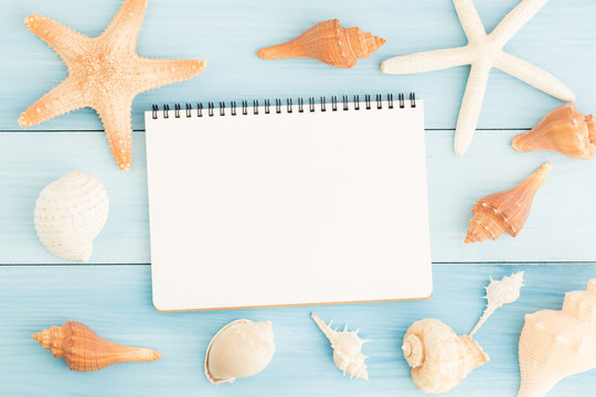 Blank notebook and seashells on blue wooden floor.