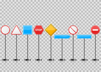 Set realistic road sign. Stop, circle, triangle vector eps 10