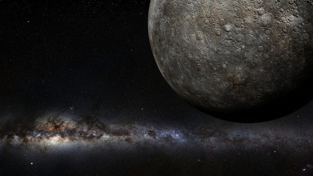 planet Mercury lit by the Milky Way galaxy