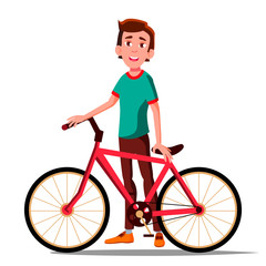 Teen Boy With Bicycle Vector. City Bike. Outdoor Sport Activity. Eco Friendly. Isolated Illustration