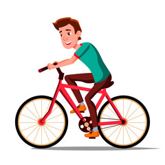 Teen Boy Riding On Bicycle Vector. Healthy Lifestyle. Bikes. Outdoor Sport Activity. Isolated Illustration