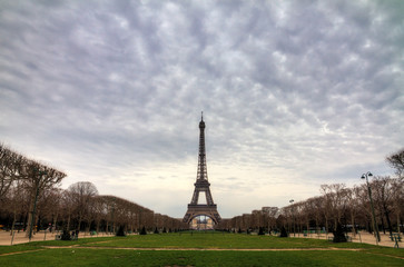 Beautiful cityscape of the Eiffel tower on a cloudy winter day in Paris
