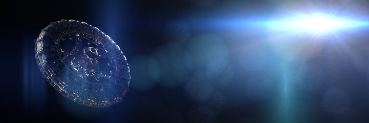 space station in empty space lit by a star 