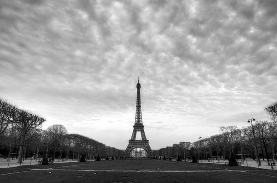 Fototapeta Beautiful cityscape of the Eiffel tower on a cloudy winter day in Paris in black and white  