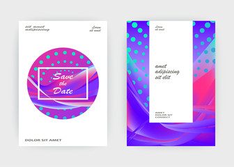 Fluid liquid shapes composition. Wavy geometric background. Colorful abstract backdrop. Halftone circles elements. Trendy gradient waves template vector Poster Layout Magazine Flyer