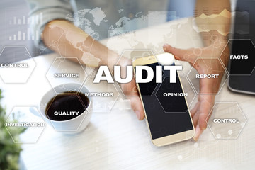 Audit business concept. Auditor. Compliance. Virtual screen technology.