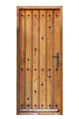 A wooden door with vertical boards and iron nails