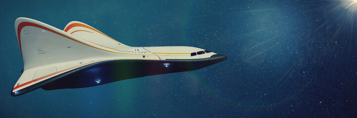 spaceship in outer space, concept starship in front of a blue background