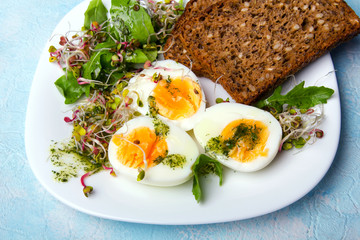 Zdrowe śniadanie - Jajka gotowane na twardo, świeże kiełki rzodkiewki, rukola z sosem ziołowym i kromki pełnoziarnistego ciemnego chleba na błękitnym tle.  - obrazy, fototapety, plakaty