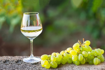 a glass of white wine and white grapes