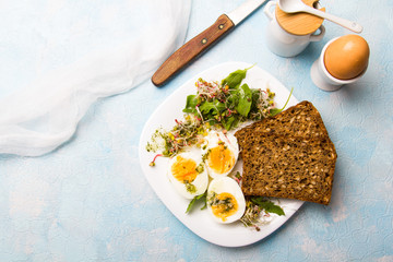 Zdrowe śniadanie - Jajka gotowane na twardo, świeże kiełki rzodkiewki, rukola z sosem ziołowym i kromki pełnoziarnistego ciemnego chleba na błękitnym tle.  - obrazy, fototapety, plakaty