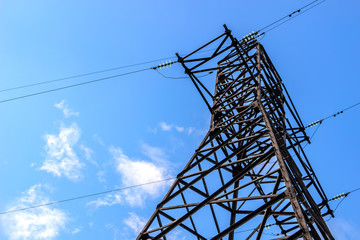 Power line support against blue sky background