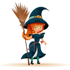 Cartoon woman in witch costume flat poster