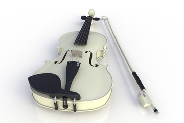 Close up of classical white violin with bow isolated on white background, String instrument, 3d rendering