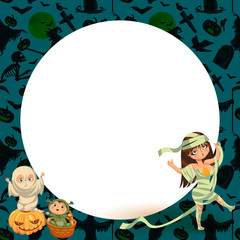 Obraz premium Cartoon family celebrating Halloween flat poster vector illustration. Happy parents and children dressed in various All Hallows Eve costumes. Horror party concept template design with promo copyspace