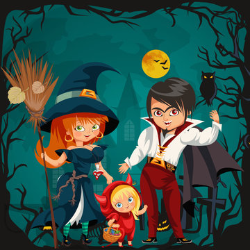 All Hallows Eve family party flat poster vector illustration. Cartoon smiling parents with daughter dressed in nice Halloween costumes of witch dracula and devil. template design with promo copyspace