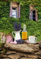 Obraz premium Still life with lavender flower and cup of coffee in Provence, France