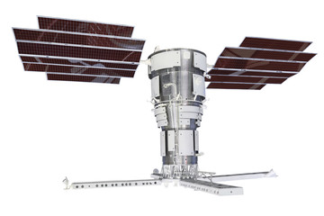 Satellite with solar panels, isolated on white background.