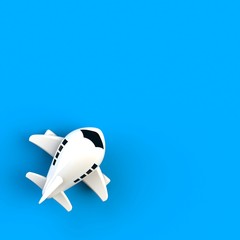 Close up of airplane illustration on blue background, Top view with copy space, 3d rendering
