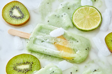 Fototapeta na wymiar Ice lolly. Sweet melting ice cream with pieces of different fruits, ice and splashes on a gray background. A refreshing summer dessert. Flat lay
