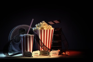 Vintage equipment and elements of cinema with dark background horizontal