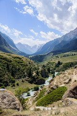 Panoramic view of the river in the mountains surrounded by forest