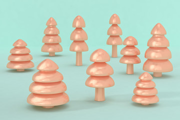 3d render of Christmas trees made of copper on a light blue surface