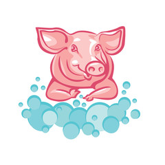 Cute happy little pig and bubbles - graphic illustration. Color drawing of cheerful pork animal, vector cartoon design style. 