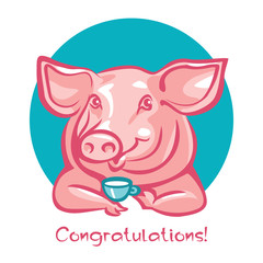 Cute happy little pig and cup of tea or coffee - graphic illustration. Color drawing of cheerful pork animal, vector cartoon design style. 