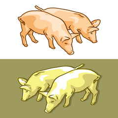 Cute piglets - vector illustration. Color drawing of two small pigs, in graphic arts and cartoon design style. 