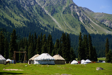 Yurt camp at the foot of the mountains