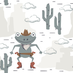 Western frog baby seamless pattern. Wild west animal with hat, boot, gun