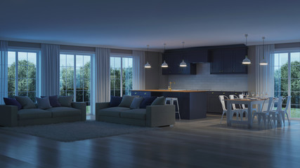 The modern interior of the house with a dark purple kitchen. Night. Evening lighting. 3D rendering.
