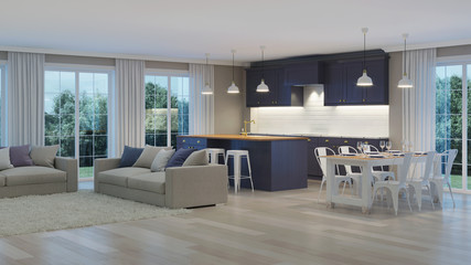 The modern interior of the house with a dark purple kitchen. Night. Evening lighting. 3D rendering.