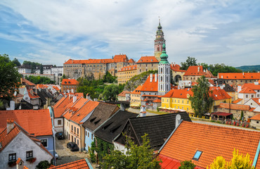 Fototapeta na wymiar Scenic view to castle and rooftops in old town of Cesky Krumlov, Czech republic