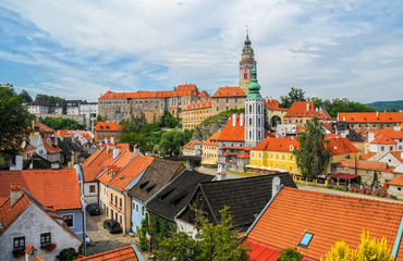 Scenic view to castle and rooftops in old town of Cesky Krumlov, Czech republic