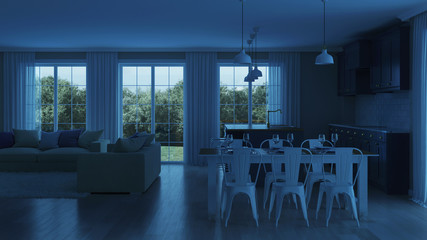 The modern interior of the house with a dark purple kitchen. Night. Evening lighting. 3D rendering.