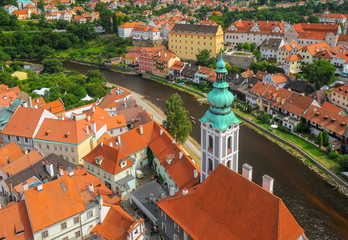 Scenic aerial view over the old Town of Cesky Krumlov, Czech Republic