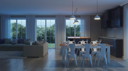 The modern interior of the house with a dark purple kitchen. Night. Evening lighting. 3D rendering.