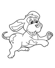 cartoon scene with a dog jumping and running - vector coloring page - illustration for children