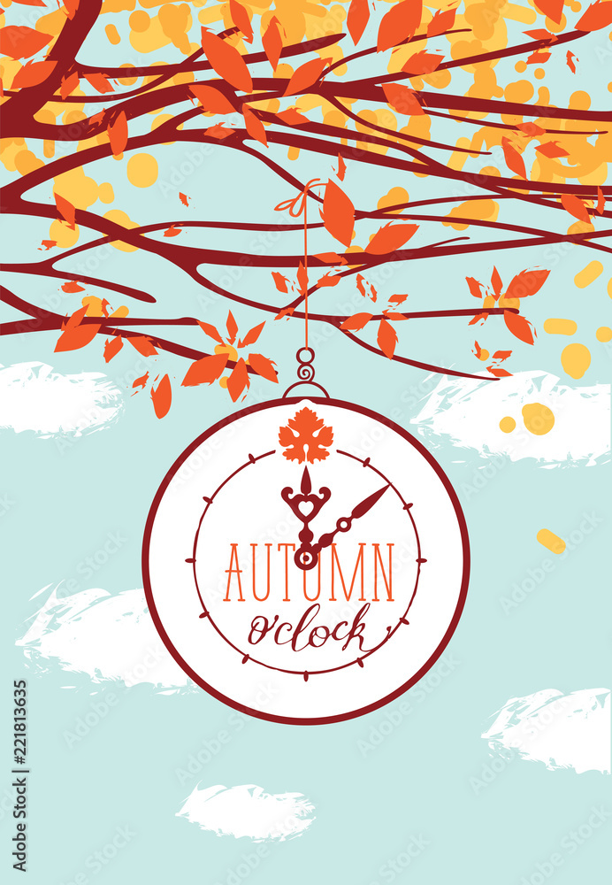Poster vector banner on autumn theme. colorful landscape with clock and autumn tree branches in the park or